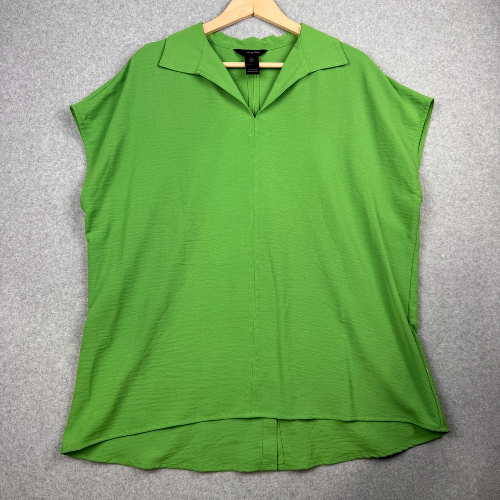 Ali Miles Top Womens XL Green Split Button Back V Neck Textured Cap Sleeve Flowy